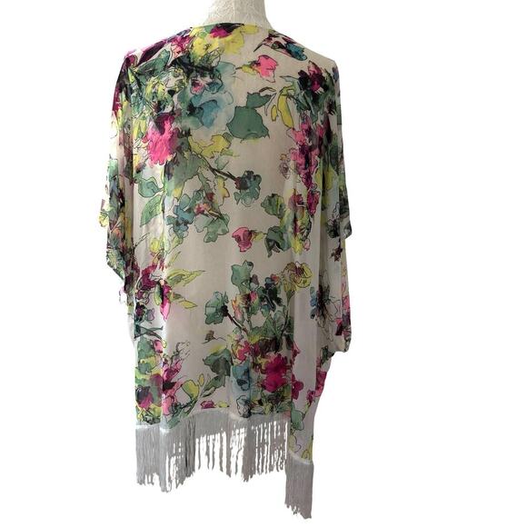 OP Floral Fringe Festival Kimono Sheer Watercolor Boho Beachwear XL XXL - Picture 2 of 5